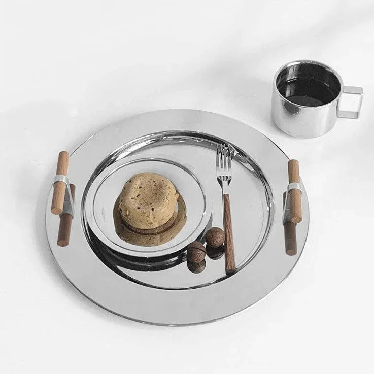 Round Steel Serving Tray with Wooden Handles - Image 10