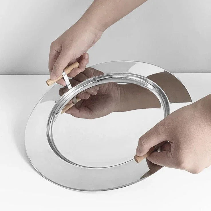 Round Steel Serving Tray with Wooden Handles - Image 12