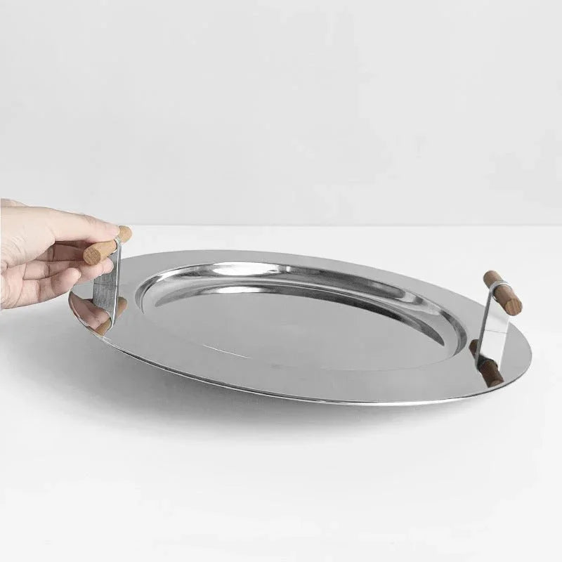 Round Steel Serving Tray with Wooden Handles - Image 2