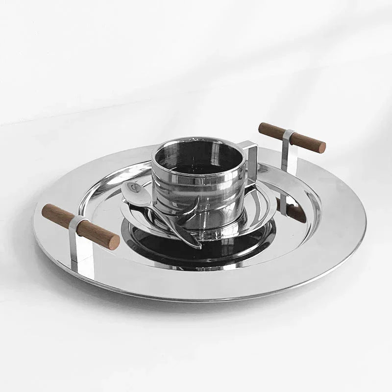 Round Steel Serving Tray with Wooden Handles - Image 3
