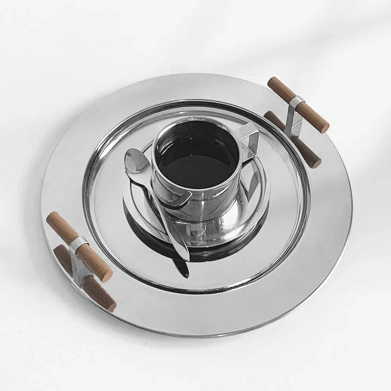 Round Steel Serving Tray with Wooden Handles - Image 4