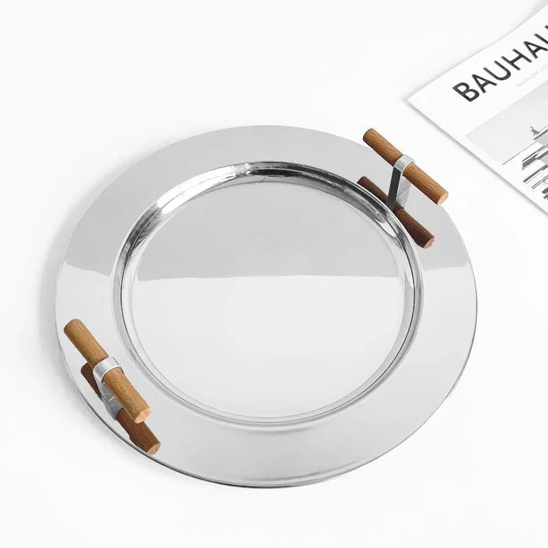 Round Steel Serving Tray with Wooden Handles - Image 5