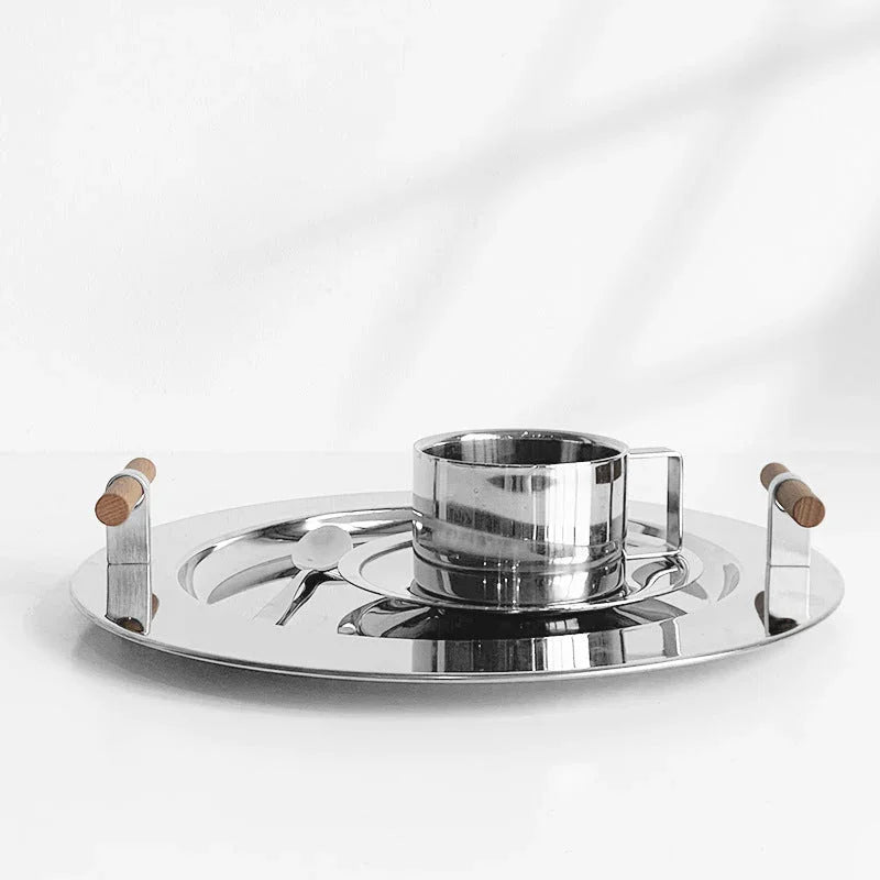 Round Steel Serving Tray with Wooden Handles